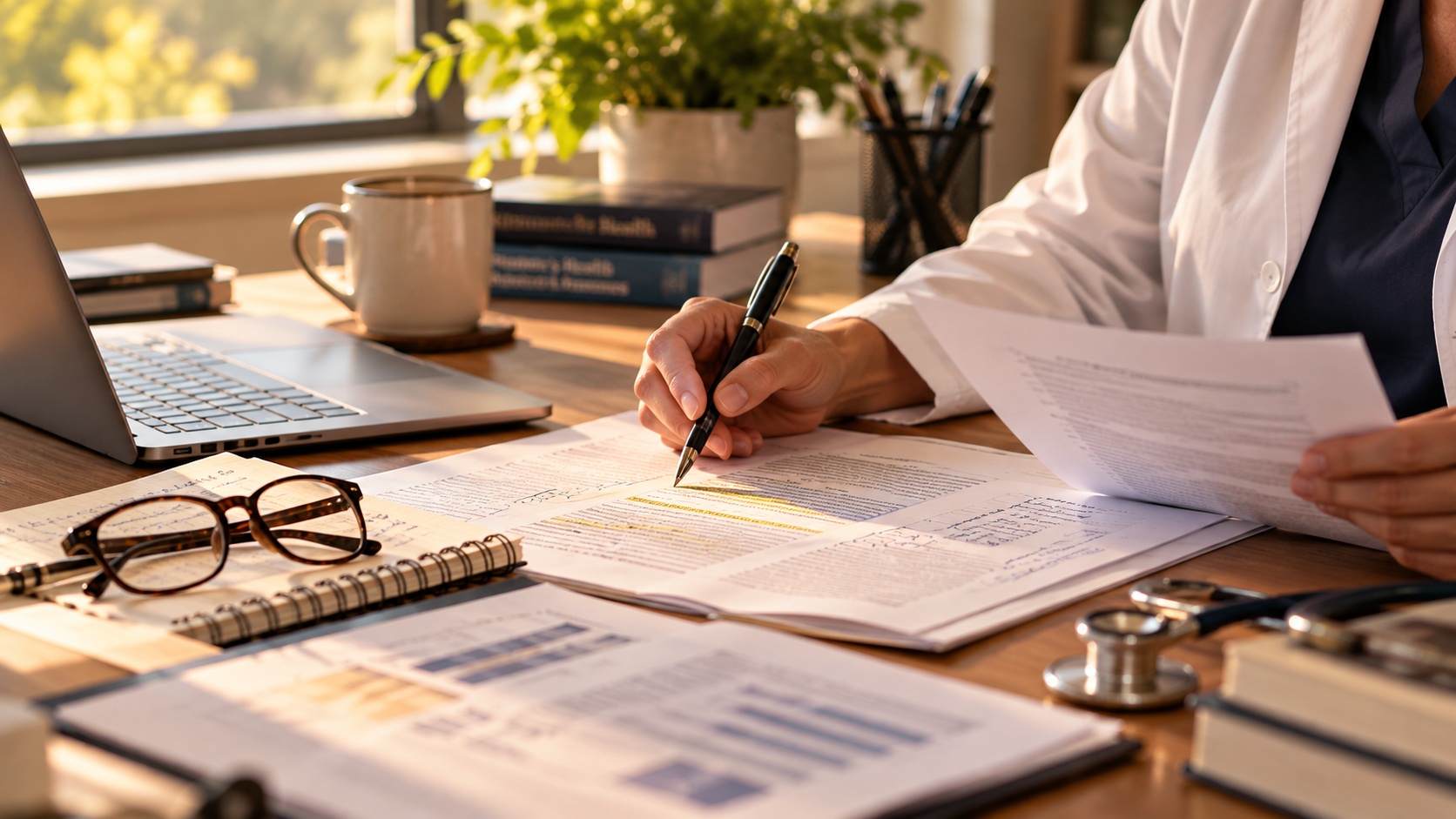A clinician reviewing printed research at a desk